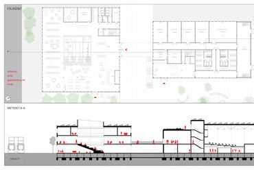 Kultúrház - földszinti alaprajz, metszet.
