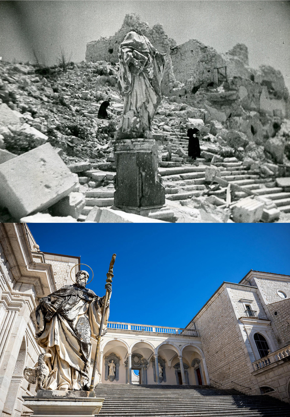 Monte Cassino, a II. világháború alatti rombolás után és a rekonstukciót követően. Forrás: felső / alsó
