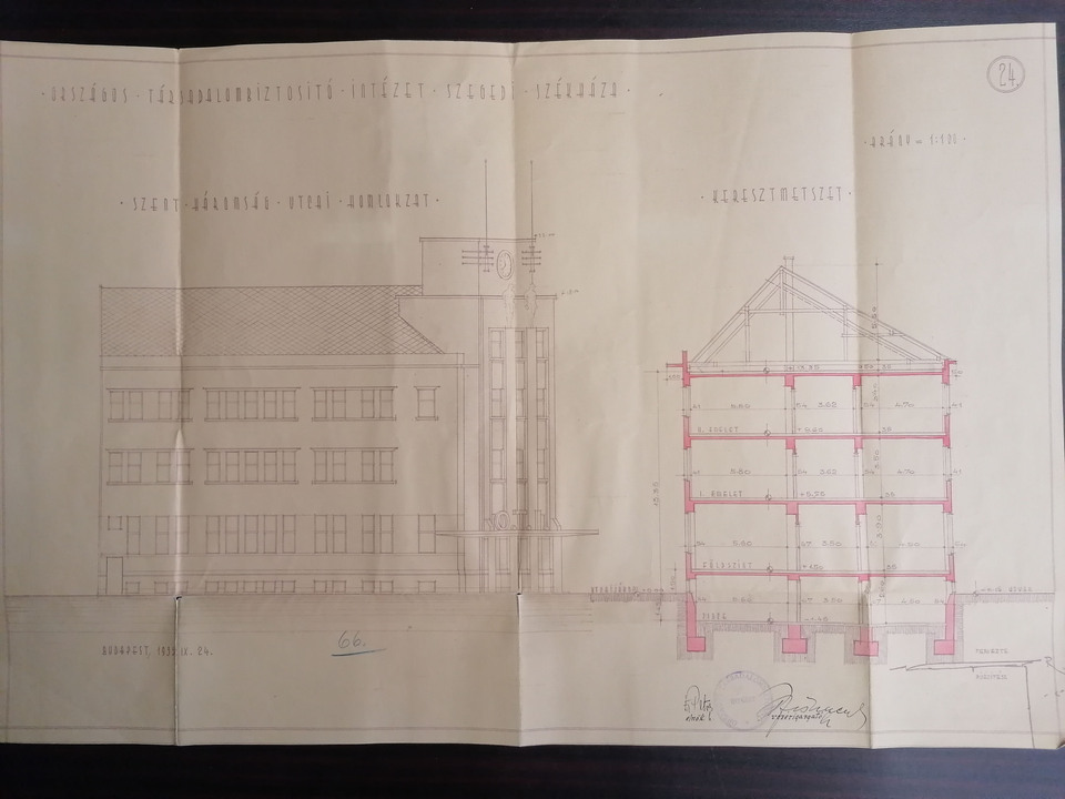 A szegedi OTI-székház egyik meglévő tervlapja. MNL Csongrád-Csanád Vármegyei Levéltár, HU MNL CSML KL XV.2a 21814/1936. Fotó: Kovács Dániel