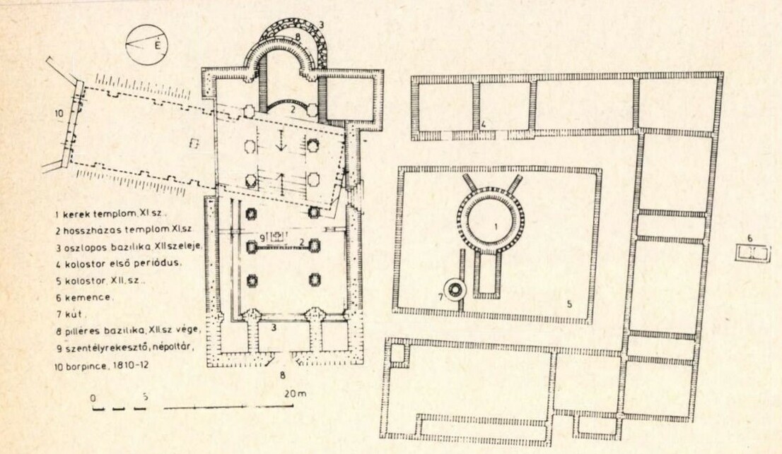 A monostor alaprajza a periódusok feltüntetésével. A Wenckheim-pince 10-essel jelölve. Forrás: Műemlékvédelem, 29. évf. 2. sz. 70. o. 
