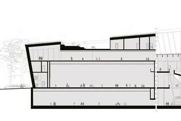 Metszet, az épület térbeli struktúrája – Tartu Belvárosi Kulturális Központ és környezetének építészeti tervpályázata – tervező: DVM group, 4D Tájépítész Iroda – forrás: DVM group
