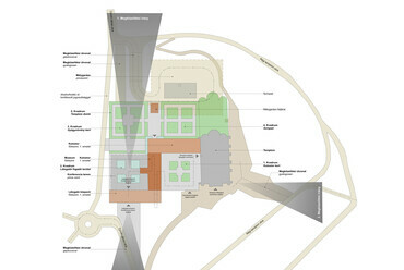 Átnézeti helyszínrajz – A Paralel Építésziroda Zsámbéki romtemplom tervpályázatra készített kárba veszett terve.
