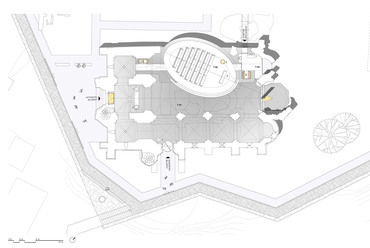 A BORD Építész Stúdió terve a zsámbéki Öregtemplom és környezetének megújítására. Alaprajz.
