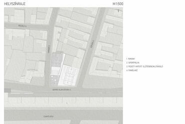 Helyszínrajz, 1:500. Közösségi torony és sportpálya, Debrecen. Rácz Attila diplomaterve. 2024. 
