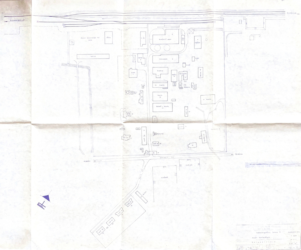 A gyár egykori helyszínrajza, archív tervek. Függőségkezelő rehabilitációs központ, Ászár. Móré Judit diplomaterve. 2024. 
