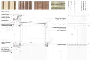 Részmetszet és homlokzati részlet. Kerékpáros szállás és étterem, Göd. Fonyódi Boglárka diplomaterve. 2024.
