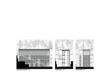 Metszet, homlokzat – építész stúdió: Orty bánya látogatóközpont, Hosín.
