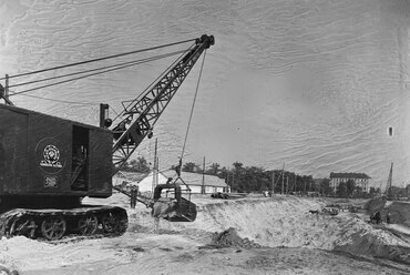 Kerepesi út. A metró és a gödöllői HÉV Hungária körúti, tervezett közös végállomásának építése, 1950. Forrás: Fortepan / UVATERV
