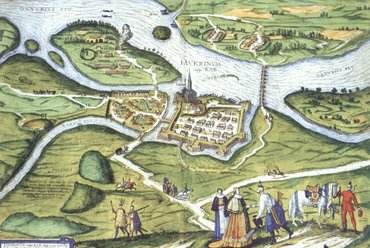 Győr és környéke 1566-ban a Hufnagel-metszeten. Forrás: https://regigyor.hu/belvaros/a-gyori-petofi-hid/
