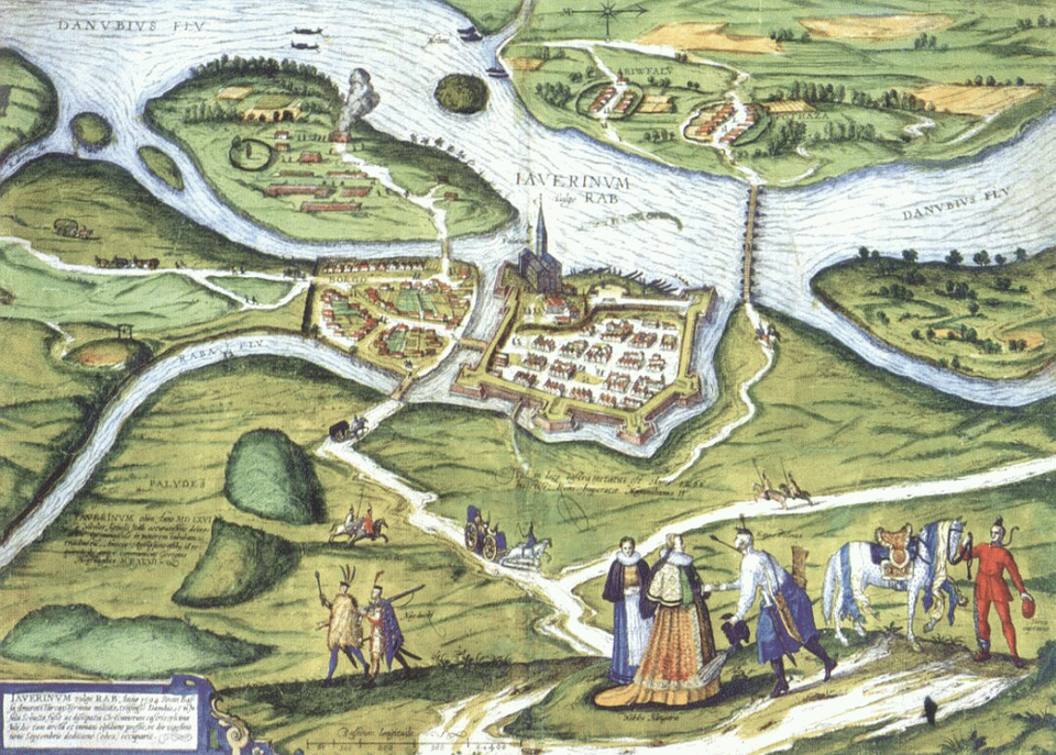 Győr és környéke 1566-ban a Hufnagel-metszeten. Forrás: https://regigyor.hu/belvaros/a-gyori-petofi-hid/
