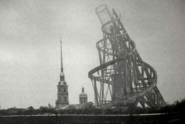 A torony CGI rekonstrukciója a városképben / Képkivágat Takehiko Nagakura 1999-es rövidfilmjéből // The Unbuilt Monuments, A Virtual Architecture Film Series - 1919-1920 Tatlin
