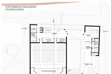 Kulturális központ, földszinti alaprajz. Petőfi Sándor Kulturális Központ építészeti tervpályázat, az AU.ROOM III. díjas terve, 2024.
