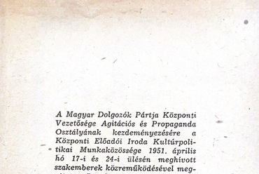 Részlet a vitáról kiadott kiadványból. in. MAJOR Máté - PERÉNYI Imre - RÉVAI József: Vita építészetünk helyzetéről. Budapest: Magyar Képzőművészek és Iparművészek Szövetsége, 1951.
