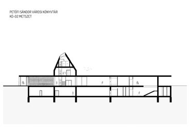 Könyvtár metszete. Petőfi Sándor Kulturális Központ építészeti tervpályázat, az AU.ROOM III. díjas terve, 2024.
