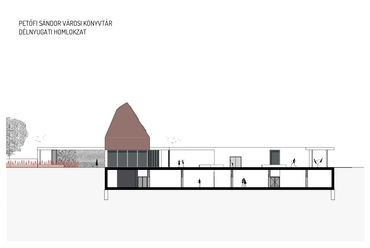 Könyvtár homlokzata. Petőfi Sándor Kulturális Központ építészeti tervpályázat, az AU.ROOM III. díjas terve, 2024.
