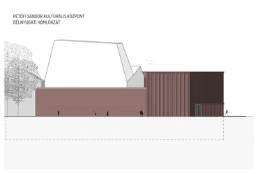 Kulturális központ homlokzata. Petőfi Sándor Kulturális Központ építészeti tervpályázat, az AU.ROOM III. díjas terve, 2024.
