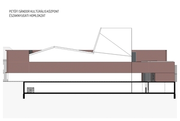 Kulturális központ homlokzata. Petőfi Sándor Kulturális Központ építészeti tervpályázat, az AU.ROOM III. díjas terve, 2024.
