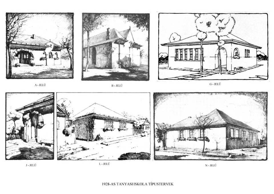 1928-as tanyai iskola típustervek – Sváb Gyula. Forrás: Magyar építőművészet XXVIII. Évf. 1928. 10-12. lapszám.
