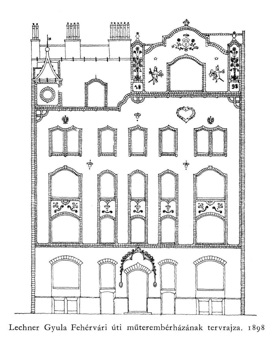 Lechner Gyula Fehérvári úti műterembérházának homlokzati rajza (Lechner Tudásközpont / Kis Ádám)
