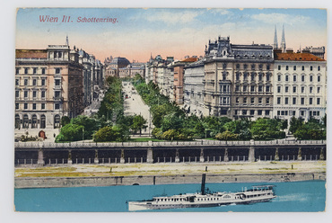 Schottenring a Duna csatorna felől, képeslap, Wien Museum Online Sammlung, 1900.
