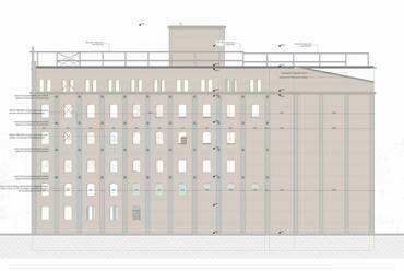 Keleti homlokzat. A békéscsabai István Malom rehabilitációja. Csupász Szabolcs diplomaterve. 2024.
