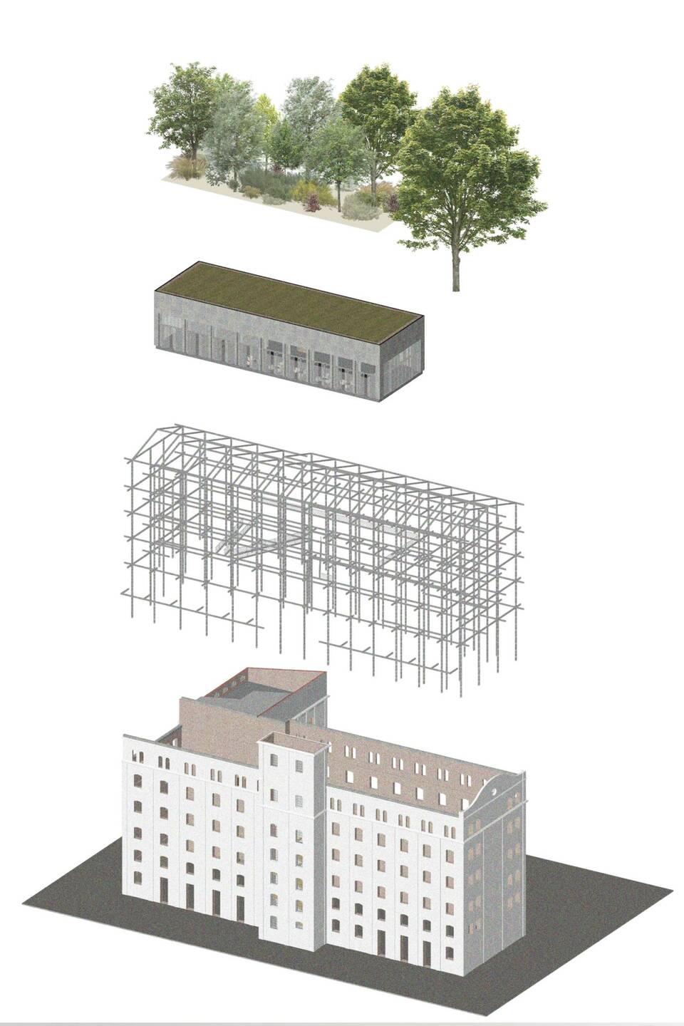 Axonometria. A békéscsabai István Malom rehabilitációja. Csupász Szabolcs diplomaterve. 2024.
