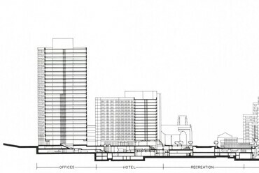 A La Cité épületegyüttes Montréal belvárosában. [Vecsei Éva. Forrás: Schmertz 1978, 111. o.]
